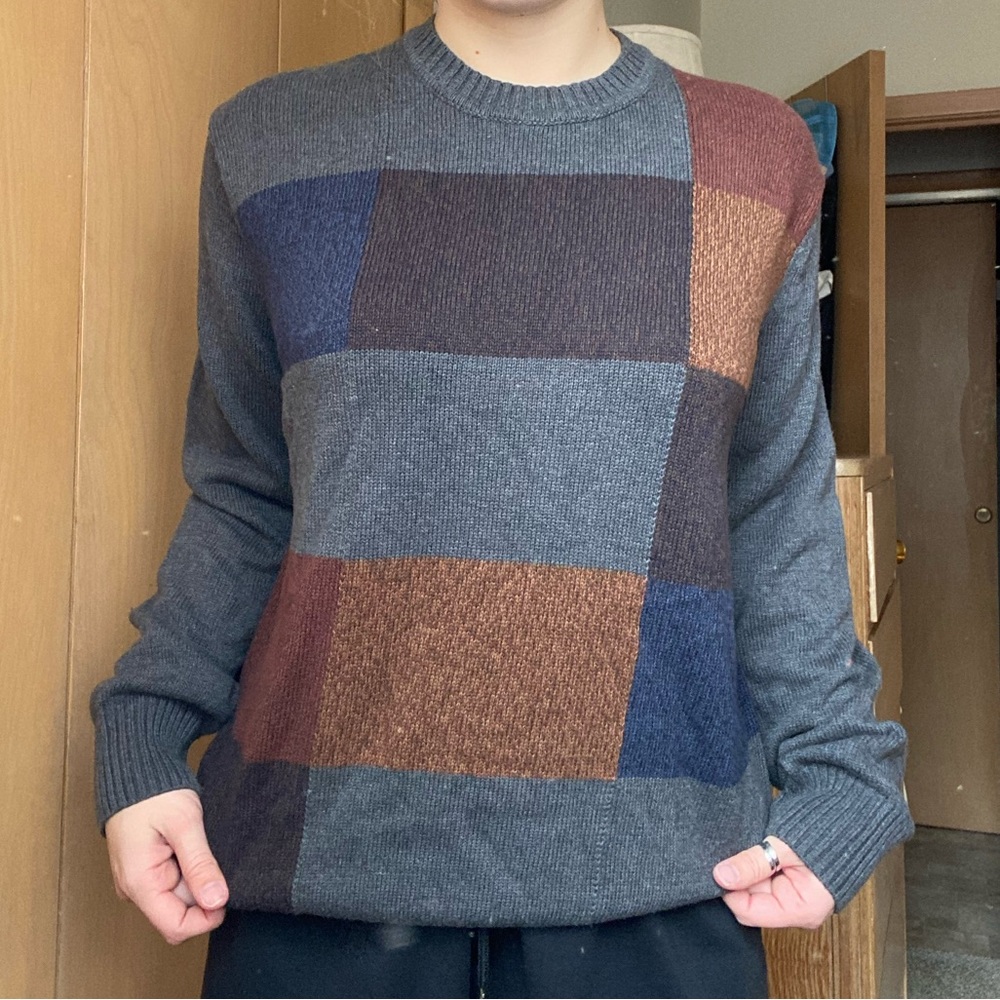 Men's Patchwork Sweater - Gray, Blue, Brown, Orange